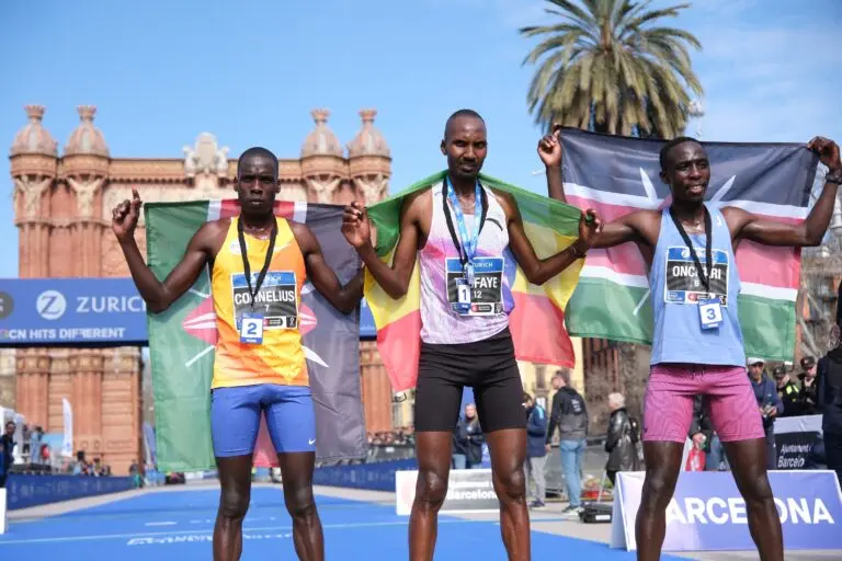 Top three male runners at the 2025 Barcelona Marathon: Cornelius Kibet, Tesfaye Deriba, and Enock Onchari
